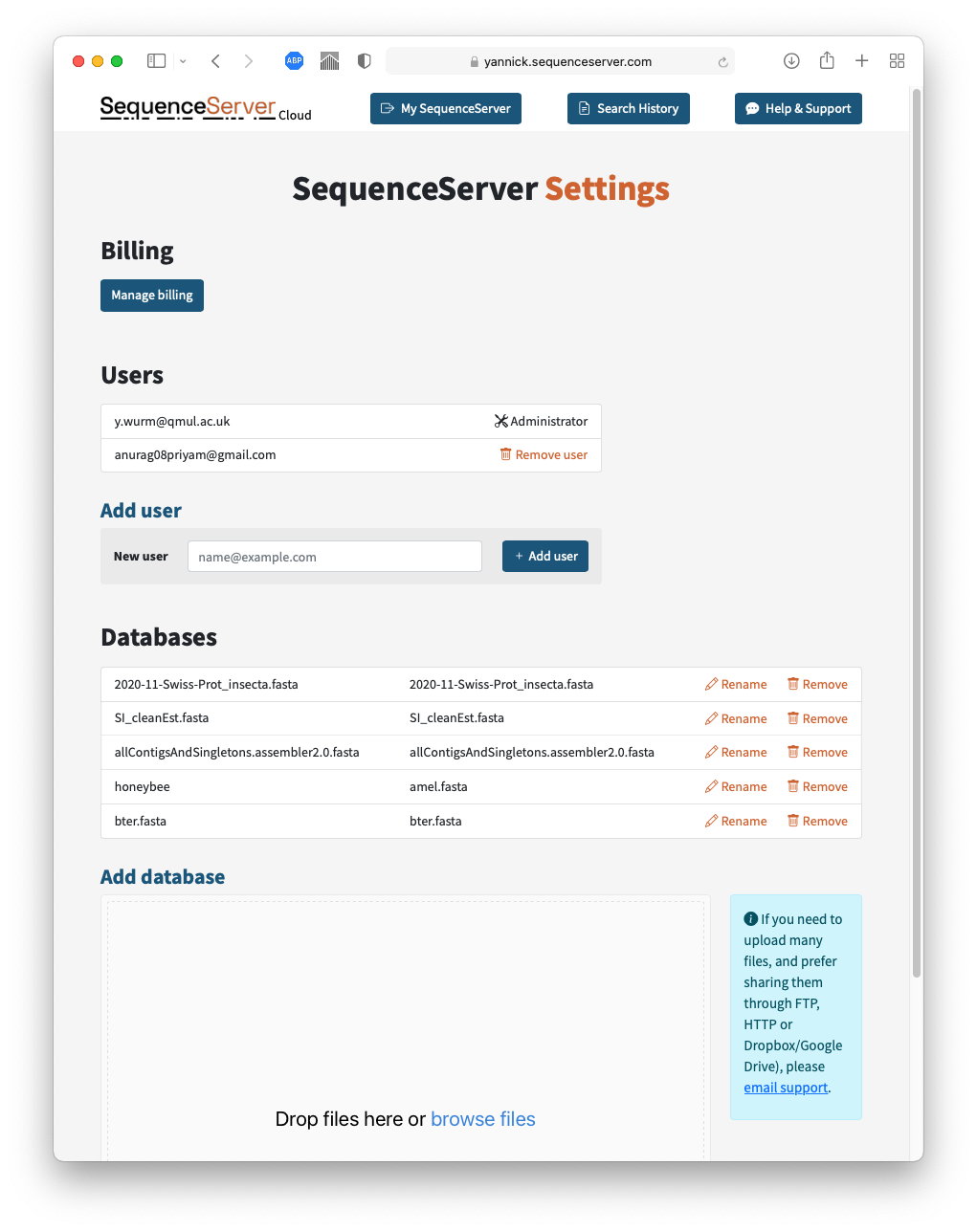 Screenshot of blast interface dashboard for adding users and databases