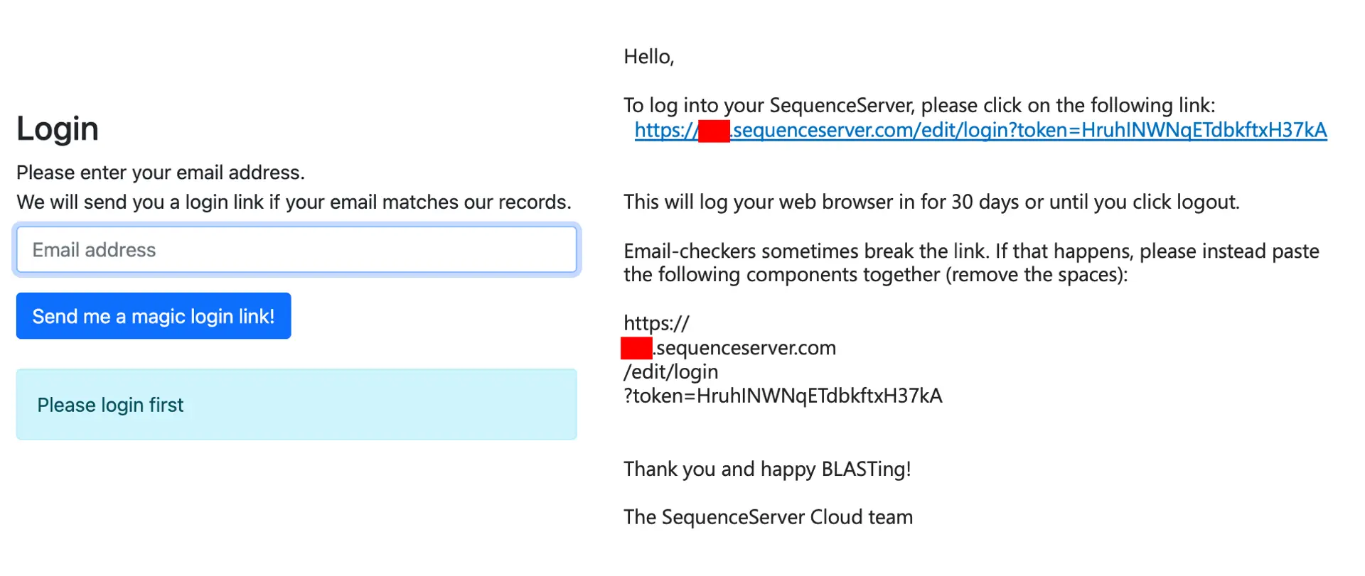 User request access emails provide a secure link to join the SequenceServer account