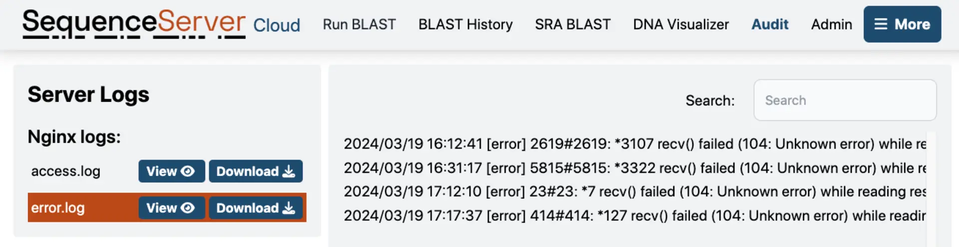 SequenceServer logs errors making it easy for you to see and record errors and identify the causes of BLAST run issues.