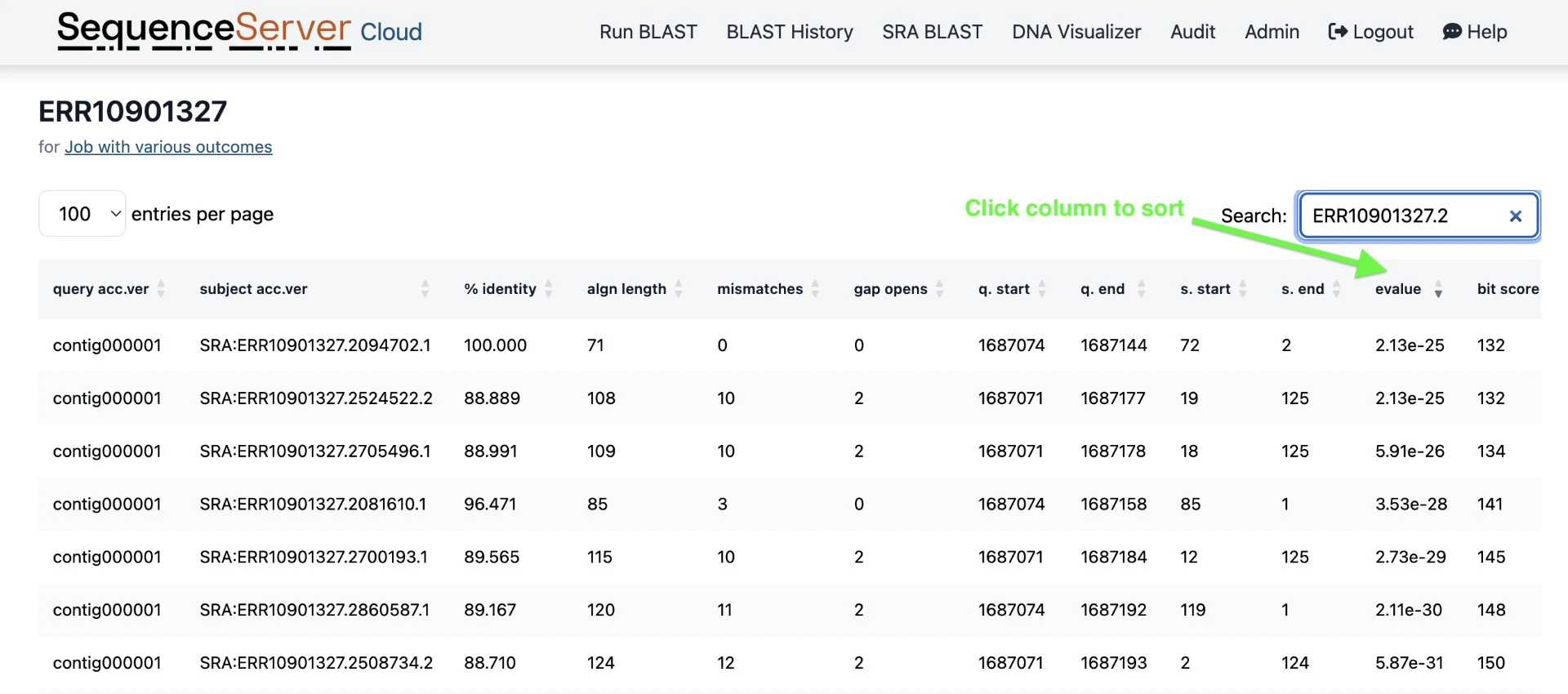 You can explore you SRA BLAST hits by filtering and sorting. You can select from any of the metrics, such as, e-value, start/end of the alignment and bit score