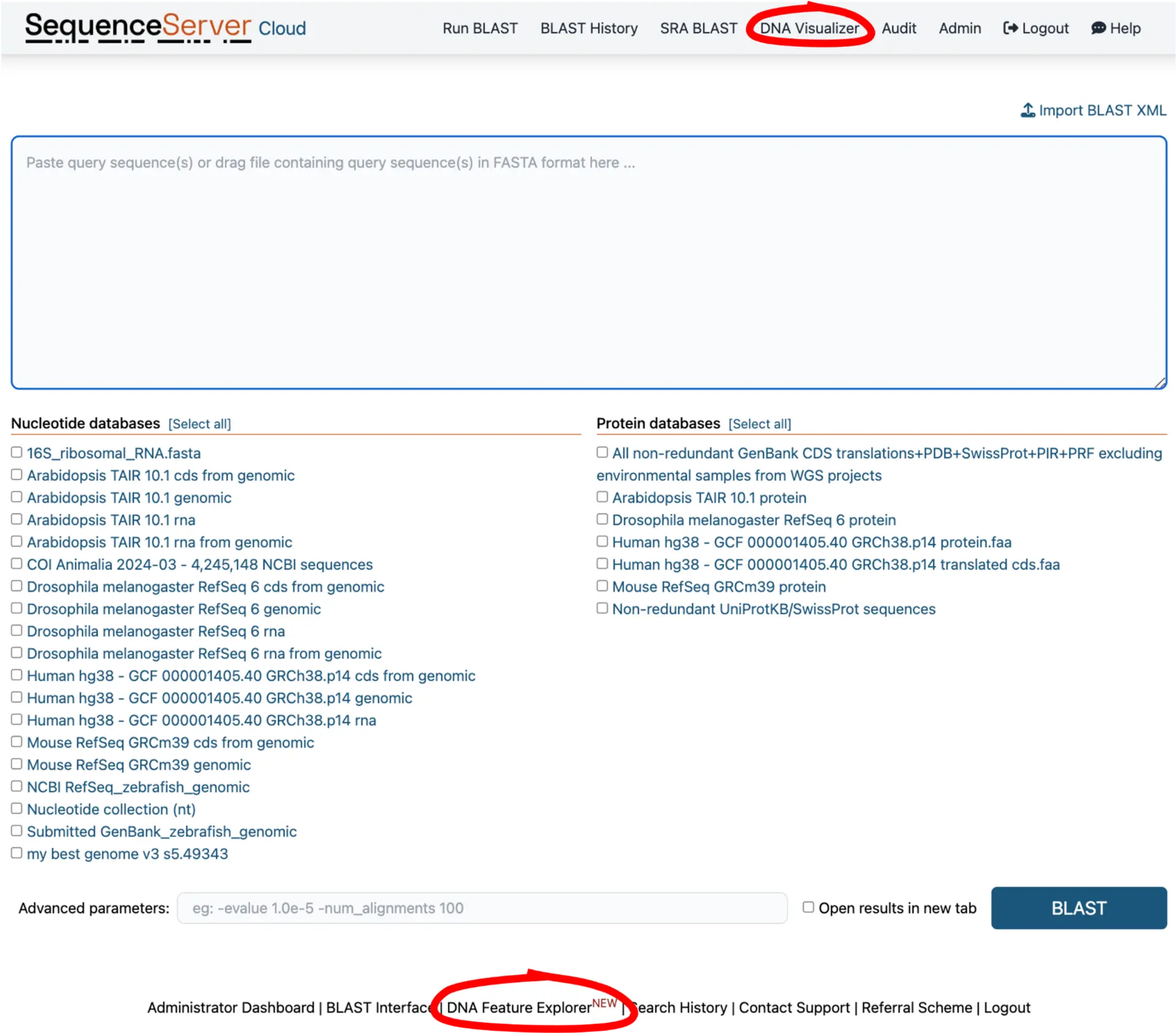 You can find the SequenceServer DNA Visualizer tool either in the top banner or down at the bottom of the web page.