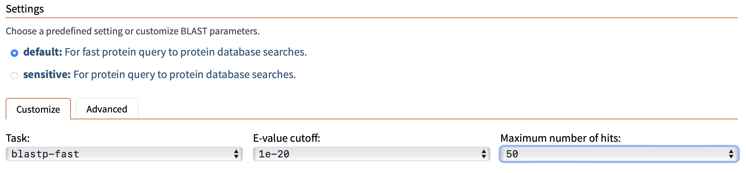 SequenceServer default BLAST search settings. SequenceServer default BLAST search settings.