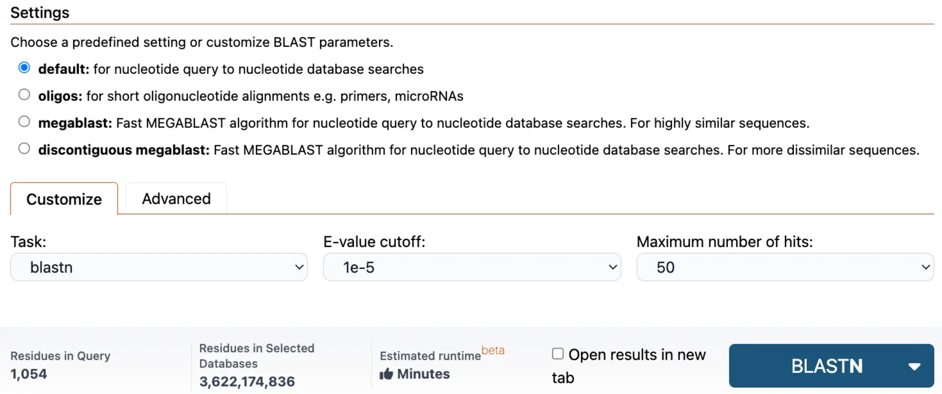 Advanced Parameters of BLAST made easy with SequenceServer. There are many preset options and easy-to-use help directions.