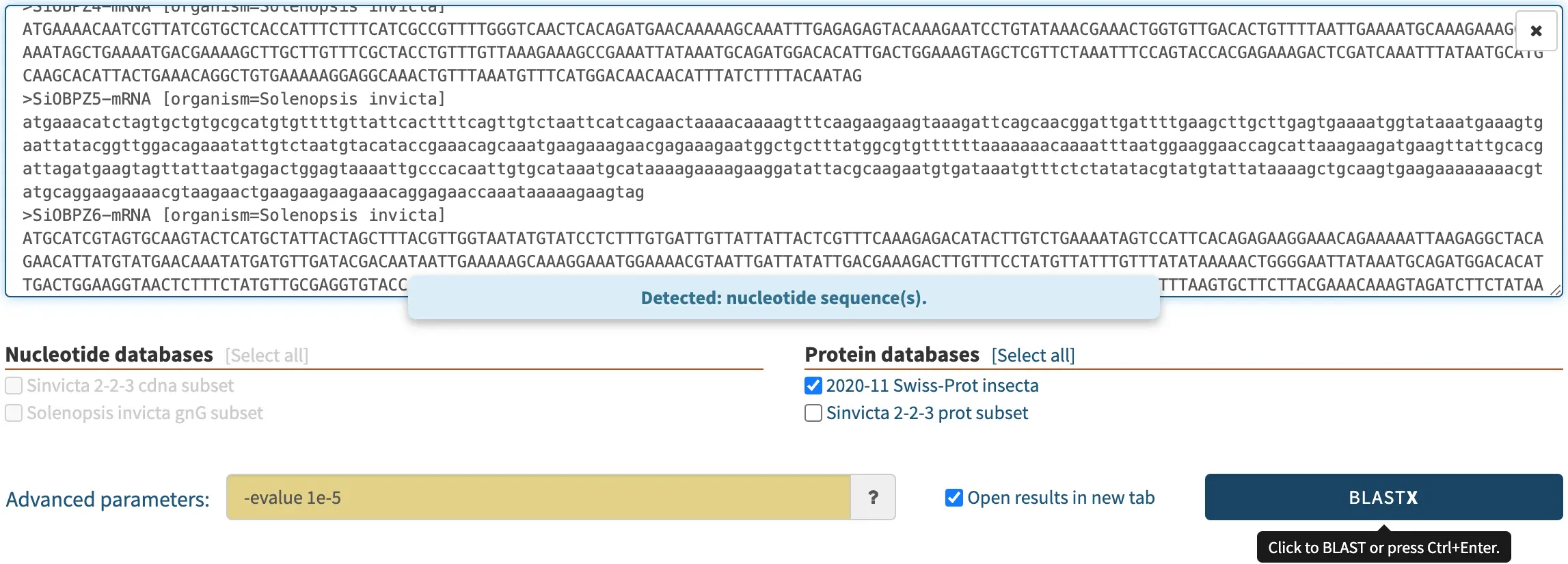 SequenceServer automatically selected BLASTX after detecting that the user entered a nucleotide query to search a protein database
