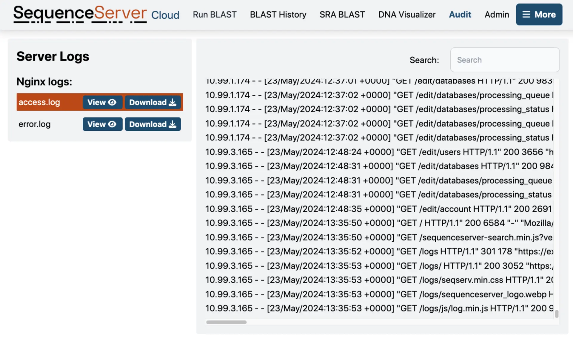 access logs SequenceServer logs the access to the account. This helps users manage who is using the account and what they are running.